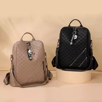 Pu Рюкзак Женский большой емкости Мягкий кожаный рюкзак на молнии Дорожный рюкзак чёрный