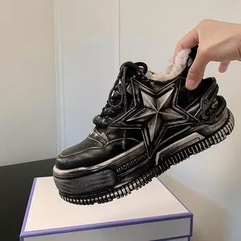 PU сохраняющие тепло зимние белые кроссовки на платформе со шнуровкой женская повседневная обувь из искусственной шерсти 35 чёрный