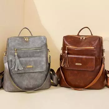 PU Tassel Backpack Women s Large Capacity Travel Backpack Dual-Use Shoulder Bag коричневый