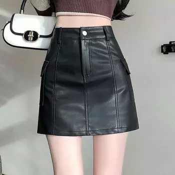Pu Высокая талия Весна осень зима повседневная мини для женщин юбки женская юбка S чёрный
