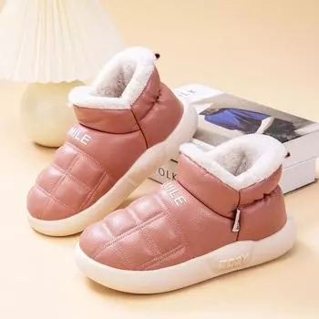 ПУ водонепроницаемые хлопковые туфли женские зимние нескользящие утолщенные теплые туфли мужские кожаные водонепроницаемые толстые подошвы пара хлопковые тапочки на толстой подошве 36-37