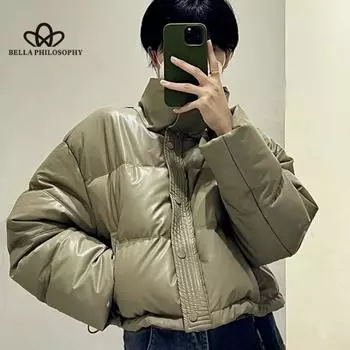 ПУ зимнее пуховое пальто женское новое короткое толстое пальто с воротником-стойкой высококачественное повседневное пальто S чёрный