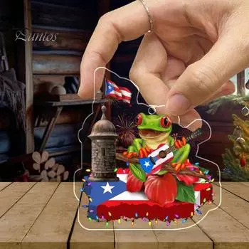 Пуэрто-Рико Рождественский кулон Плоский акриловый орнамент Пуэрто-Рико Флаг Лягушка Подвесной орнамент Домашний декор Подарки на новоселье A