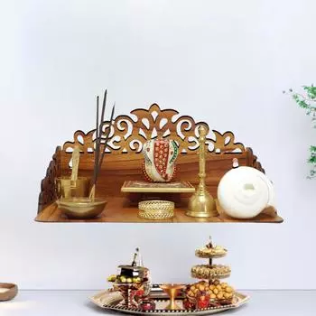 Пуджа Мандир для Дома и Офиса, Настенный Деревянный Храм, Подставка для Пуджи со Шкафчиком для Хранения, Домашний Декор, Маленький и Большой Размер (Дизайн Мандира 4)