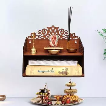 Пуджа Мандир для Дома и Офиса, Настенный Деревянный Храм, Подставка для Пуджи со Шкафчиком для Хранения, Домашний Декор, Маленький и Большой Размер (Дизайн Мандира 3