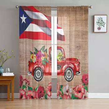 Puerto Rico Flower Truck Frog Curtain For Living Room Transparent Tulle Curtains Window Sheer For The Bedroom Accessories Decor W135 x H114cm