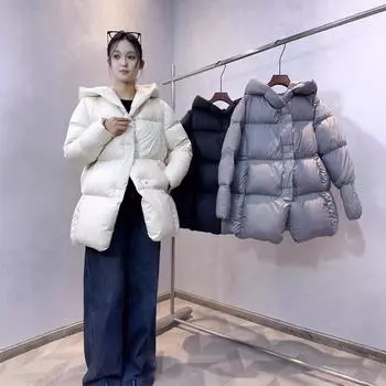 Puff Angel Wings 2024 Зимняя новая утолщенная куртка средней и длинной толщины 90% Белая куртка с капюшоном на талии из утиного пуха S чёрный