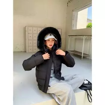 Puff fur collar hooded winter down cotton clothes women s winter new bread clothes thickened loose coat S чёрный