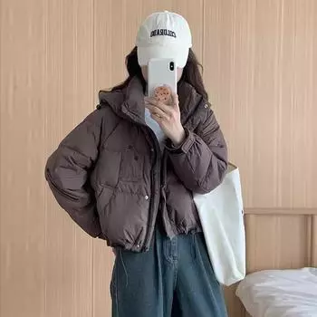 Puff hooded down jacket women s short 2024 winter new thickened contrasting zipper sleeves white duck down bread jacket S розовый