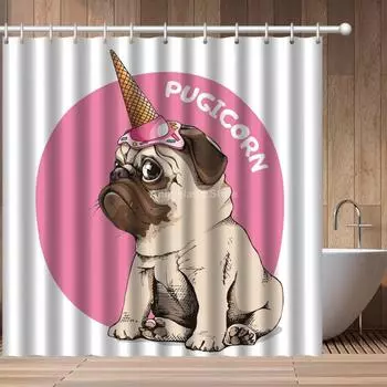 Pug Animal Dog Cute Fashion 3D Print Shower Curtain Bathroom Set With Waterproof Hook Bath Curtains Cartoon Kids African Funny 90x180cm