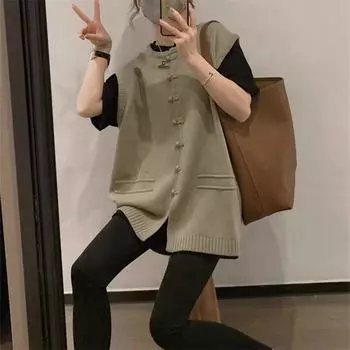 Пуговица ретро темперамент без рукавов вязаный свитер жилет новый осенний свободный свитер женский жилет средний и длинный модный One size хаки