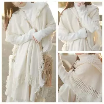Пуговица шаль бохо кисточки свитер вязаный свитер пуловер с капюшоном накидка весна и осень для женщин one-size бежевый