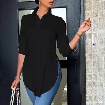Пуговицы, рукава большого размера, принт, приталенный крой, однобортный кардиган с длинными лацканами, OL, блузка средней длины в повседневном стиле XL чёрный
