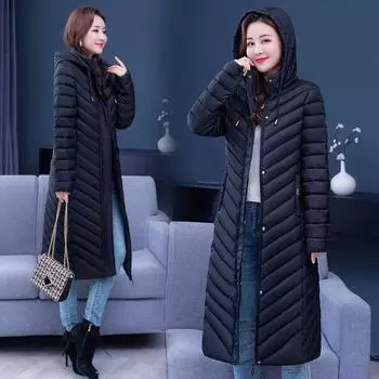 Пуховая хлопковая куртка женская средней длины до колена зимняя новая облегающая куртка большого размера XL чёрный