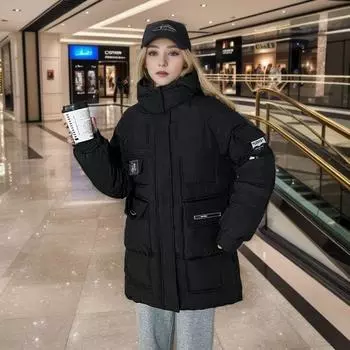 Пуховая хлопковая куртка женская средней длины, зимняя свободная и толстая ветрозащитная теплая хлопковая куртка M чёрный