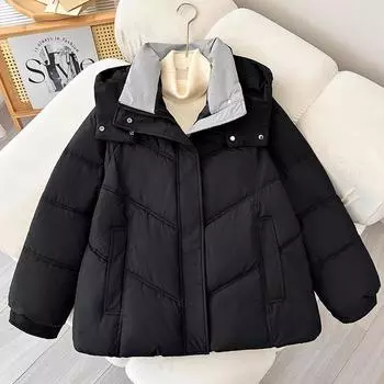 Пуховая хлопковая одежда для женщин, зимние новые короткие модели, маленькие люди модные и свободные, с капюшоном и утолщенные, а M чёрный