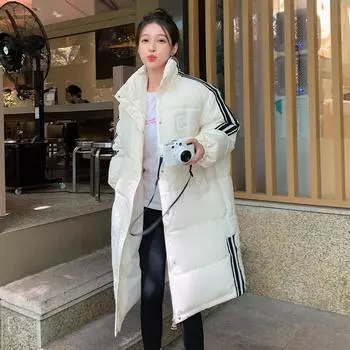 Пуховая хлопковая одежда хлопковая одежда женская зимняя новая свободная куртка средней длины выше колена куртка S чёрный