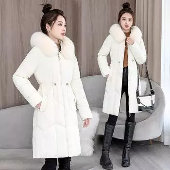 Пуховая хлопковая одежда женская длинная выше колена новая утолщенная хлопковая одежда большой меховой воротник зимнее интернет знаменитость модное пальто L белый