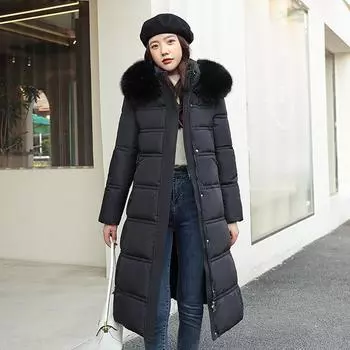 Пуховая хлопковая одежда женская длинная выше колена с большим меховым воротником корейская версия тонкая и тонкая куртка с поясом пальто M