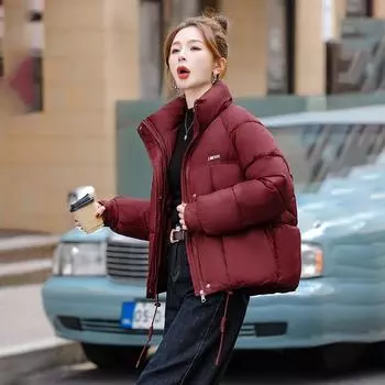Пуховая хлопковая одежда женская короткая зимняя новая с маленьким воротником-стойкой утолщенная теплая хлопковая куртка M-90-55kg бордовый