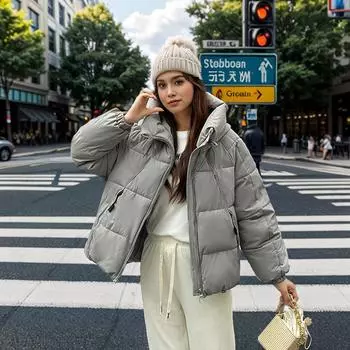 Пуховая хлопковая одежда женская короткая зимняя с капюшоном свободная утолщенная хлебная одежда хлопковая одежда женское пальто M чёрный