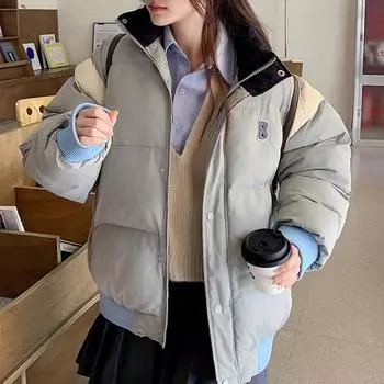 Пуховая хлопковая одежда женская новая короткая контрастных цветов зимняя новая утолщенная универсальная студенческая куртка M серо голубой