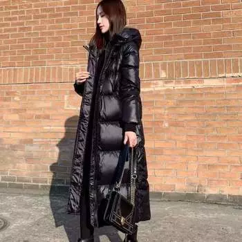 Пуховая хлопковая одежда женская средней длины выше колена зимняя новая глянцевая несмываемая тонкая утолщенная женская куртка с капюшоном L recommends 95-55 kg