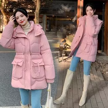 Пуховая хлопковая одежда женская средняя и длинная утолщенная зимняя новая талия тонкая с капюшоном маленькая куртка M чёрный