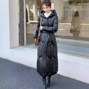 Пуховая хлопковая одежда женская средняя и длинная новая несмываемая длинная утолщенная тонкая куртка с капюшоном на поясе S 42.5 kg to 52.5 kg