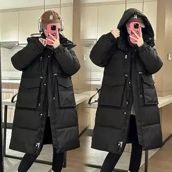Пуховая хлопковая одежда женская свободная завязка на шнурке модная средняя и длинная теплая хлопковая одежда с капюшоном куртка M чёрный