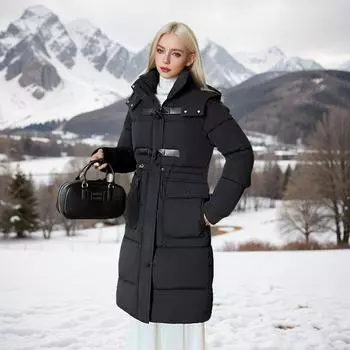 пуховая хлопковая одежда женская талия свободная средняя и длинная выше колена зимняя утолщенная теплая хлопковая куртка M [Recommended below 57.5 kg] чёрный