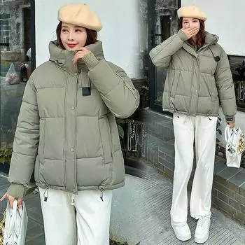 Пуховая хлопковая одежда женская зимняя новая свободная повседневная куртка с капюшоном устойчивая к холоду теплая M чёрный