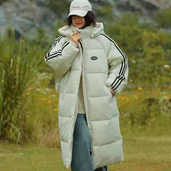 Пуховая хлопковая подкладка для женщин 2024 года, новая зимняя одежда в студенческом стиле с тремя полосками на хлопковой подкладке, длинная выше колена, студенческая хлопковая подкладка S бежевый