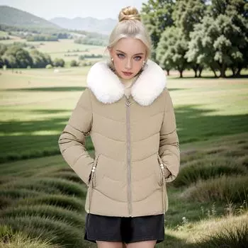 Пуховая хлопковая подкладка женская 2024 большой меховой воротник короткая хлопковая подкладка одежда, иностранные газовые хлопковые подкладки куртки, облегающие утолщенная талия L [Recommended below 52.5 kg]