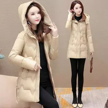 Пуховая хлопковая подкладка, женские средние и длинные модели, новая корейская версия, облегающая хлопковая подкладка с капюшоном, утолщенная теплая хлопковая подкладка XL recommends less than 50kg кофейный