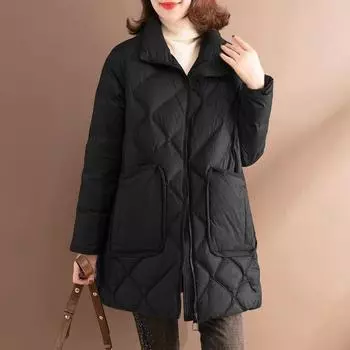 Пуховая хлопковая подстежка для женщин, зимняя, новая, стоячий воротник, корейская версия, средние и длинные куртки с хлопковой подстежкой, свободные XL 90-52.5 kg хаки