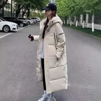 Пуховая хлопковая подстежка женская новая утолщенная свободная с капюшоном длинная подстежка до колен зимние хлопковые подстежки M