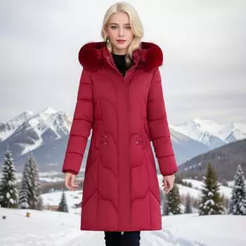 пуховая хлопковая подстежка женская зимняя мода меховой воротник средняя и длинная приталенная утолщенная хлопковая подстежка куртка XL [Recommended below 55kg] грязно-белый