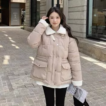 Пуховая хлопковая утепленная одежда для женщин зима 2024 новая овечья шерсть воротник хлопковая утепленная куртка tide M чёрный