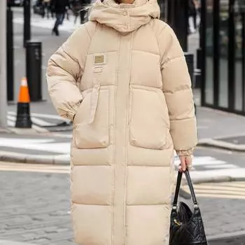 Пуховая хлопковая утепленная одежда женская средняя и длинная зимняя версия хлопковая утепленная одежда выше колена с капюшоном хлопковая утепленная куртка прилив S белый