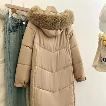 Пуховая хлопковая утепленная одежда женская свободная осенне-зимняя новая круассановая пряжка средняя и длинная утепленная куртка с наколенниками утолщенная куртка XS хаки