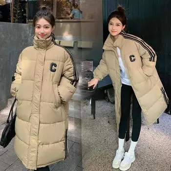 Пуховая хлопковая утепленная одежда женская зимняя 2024 новая версия свободная средняя и длинная до колена одежда хлопковая утепленная куртка S чёрный