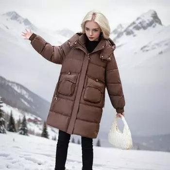 Пуховая хлопковая утепленная одежда женская зимняя одежда средняя и длинная с капюшоном утолщенная теплая хлопковая утепленная куртка M [Recommended below 60kg] темно-коричневого