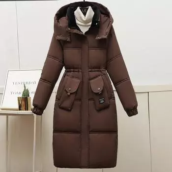 Пуховая хлопковая утепленная одежда женская зимняя с капюшоном выше колена длинная женская одежда утолщенная утепленная куртка M кофейный