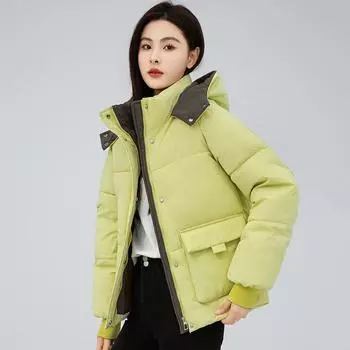 Пуховая хлопковая утепленная женская куртка 2024 года, новая одежда с капюшоном, универсальная зимняя одежда, свободная короткая модная хлопковая одежда S чёрный