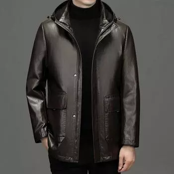 Пуховая куртка из натуральной кожи, мужская зимняя куртка для пап среднего возраста, белая утепленная кожаная куртка с подкладкой из гусиного пуха, куртка средней длины 170