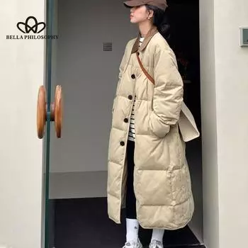 Пуховая куртка с хлопковой подкладкой, женская зимняя куртка средней длины в корейском стиле, свободная куртка с хлопковой подкладкой в стиле ретро, легкая куртка с хлопковой подкладкой, студенческое пальто Tide S чёрный