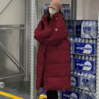 Пуховая куртка женская длинная выше колена, новая зимняя корейская свободная толстая стеганая куртка Стеганая куртка пальто с капюшоном S красный