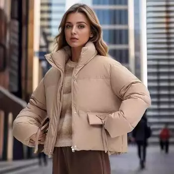 Пуховая одежда женская с воротником-стойкой, короткая, новая корейская версия, свободная, в стиле Гонконга, утолщенная, одежда для хлеба, куртки M чёрный