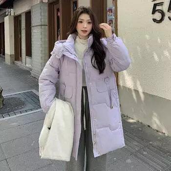 Пуховая одежда женская средняя и длинная с капюшоном утепленная утепленная модная темпераментная зимняя теплая хлопковая куртка M чёрный